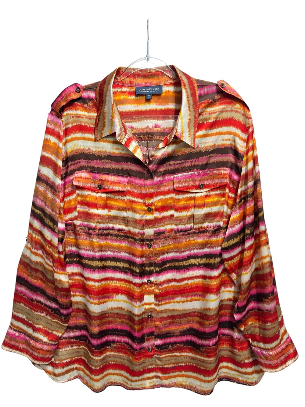 Tuxedo Satin Silky Knit Striped Watercolor Shirt Blouse